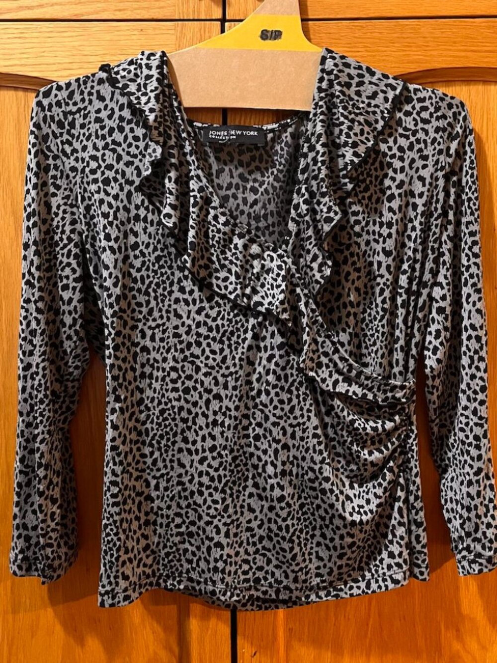 Ruffle Wrap Leopard-Print Blouse in Beige and Black